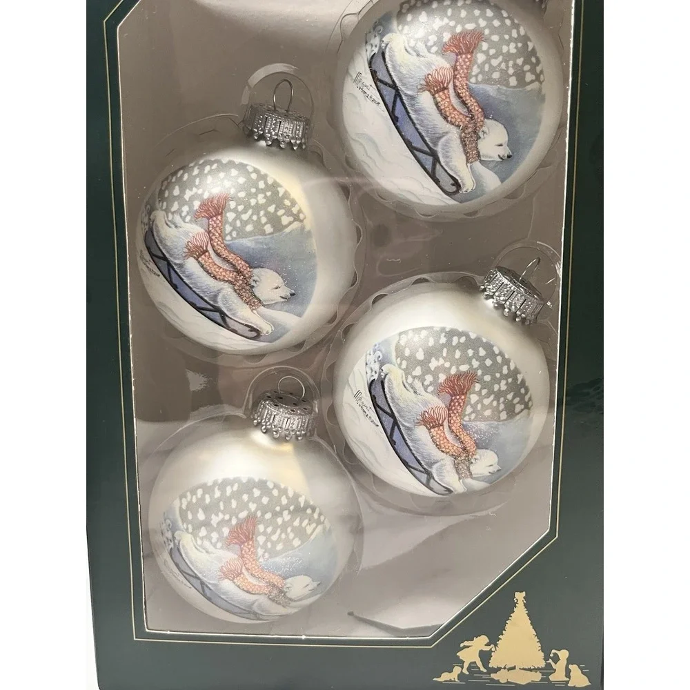 TWO Sets of 4 Christmas by Krebs White POLAR BEAR Sledding Glass Ornaments 2.5
